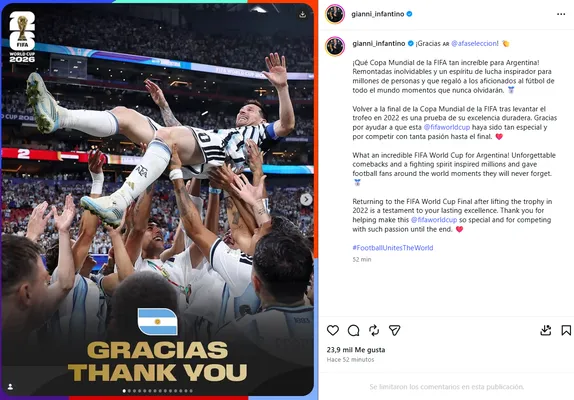 El mensaje de Gianni Infantino para la Argentina. (Instagram)
