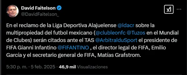 La publicación de David Faitelson sobre el reclamo de Alajuelense en el TAS.