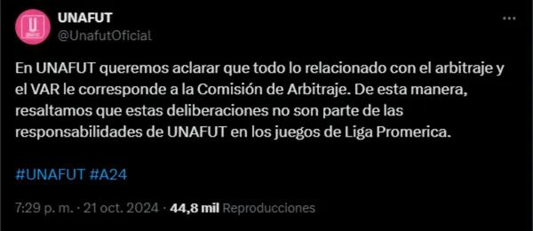El mensaje de Unafut acerca del VAR. (