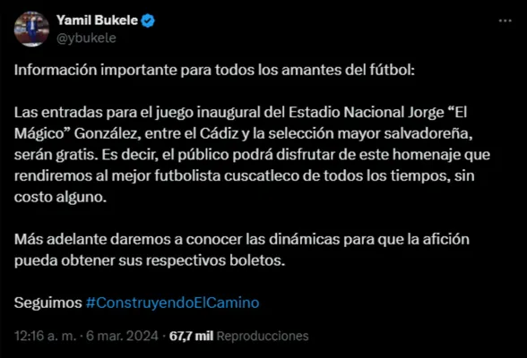 El mensaje de Yamil Bukele sobre la inauguración del Estadio Mágico González. (