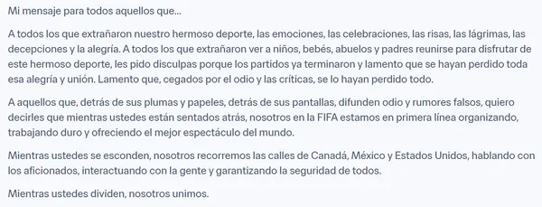 La FIFA publicó una carta abierta de su presidente (Fifa.com).
