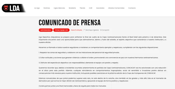 El comunicado de Alajuelense pidiendo tranquilidad en el Morera Soto.
