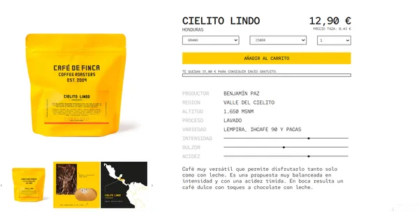 El café "Cielito Lindo" tiene un costo de 12.90 euros los 250 gramos, es decir casi unos 400 lempiras. Un kilogramo tiene un costo de 48 euros, unos 1,500 lempiras