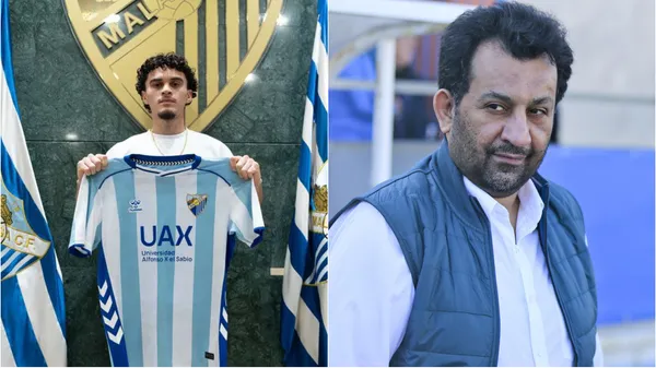 Miguel Rodríguez firmó contrato con un Málaga revolucionado por la posible detención de su ex propietario, Abdullah Al-Thani. (Fotos: Málaga y Javier Albiñana / Málaga Hoy)