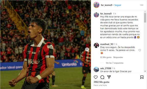 El posteo de Fernando Lesme en su despedida de Alajuelense. (