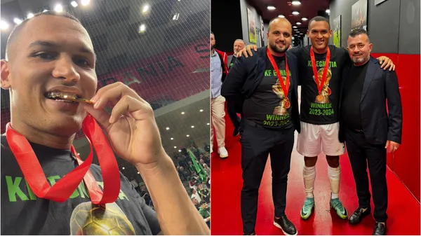 Jurguens Montenegro celebra tras coronarse con el KF Egnatia. (Fotos: Facebook)