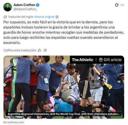  No es la primera vez que Crafton critica con dureza a la Argentina. (x.com)
