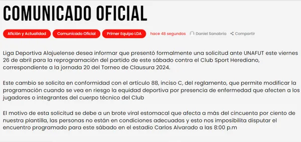 El comunicado completo de Liga Deportiva Alajuelense. (