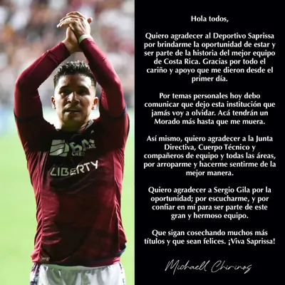 El mensaje de Michaell Chirinos despidiéndose del Saprissa (