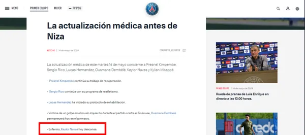 El comunicado que sacó PSG en su página oficial. (