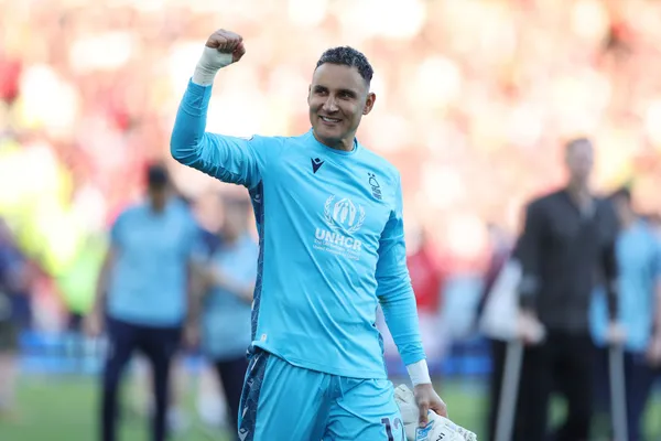 Keylor Navas of Nottingham Forest celebrates after the team's victor. (Photo by Catherine Ivill/Getty Images)