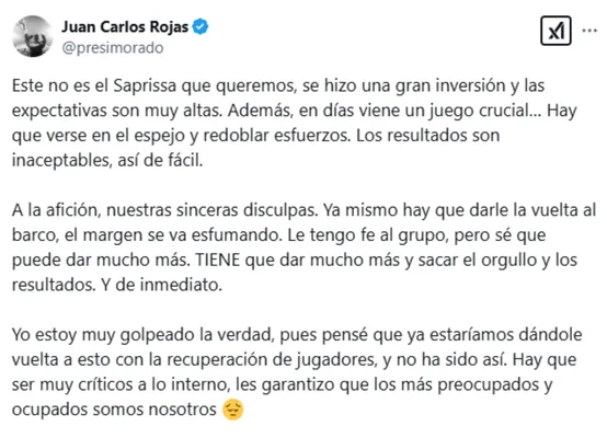 El polémico mensaje de Juan Carlos Rojas, presidente de Saprissa, que estuvo lejos de calmar las aguas. (