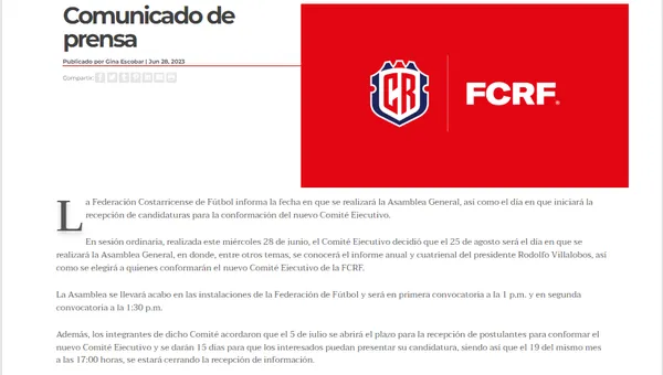 El comunicado de prensa que lanzó la Fedefútbol.