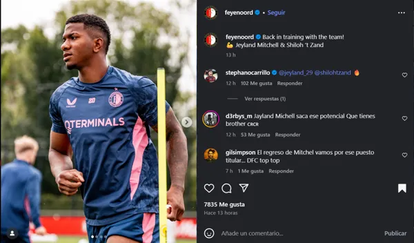 La publicación del Feyenoord con Jeyland Mitchell como protagonista.