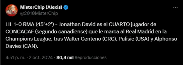 El tweet de MisterChip recordando el gol de Paté Centeno al Real Madrid. (