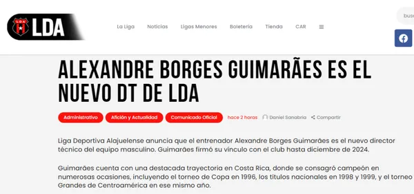 El comunicado que confirmó la llegada de Guimaraes a Alajuelense. (
