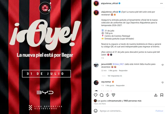 El anuncio oficial de la nueva camiseta de Alajuelense. (Instagram)