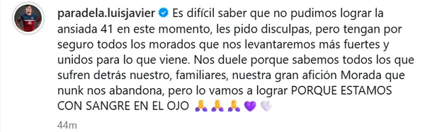 El mensaje de Luis Paradela dedicado a los morados (Instagram).