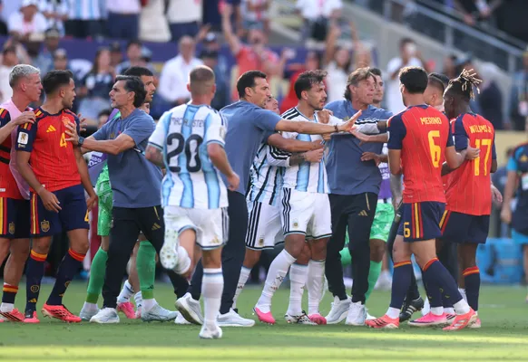 EAST RUTHERFORD, NEW JERSEY - JULY 19: Players scuffle after the FIFA World Cup 2026 Final match between Spain and Argentina at New York New Jersey Stadium on July 19, 2026 in East Rutherford, New Jersey. (Photo by Lars Baron/Getty Images)