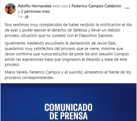 Publicación del abogado Adolfo Hernández, Facebook