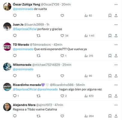 Muchos pedidos para que Catalina vuelva a Saprissa. (x.com)