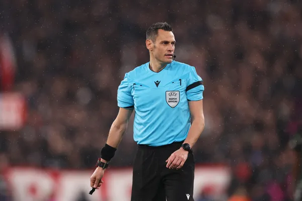 LIVERPOOL, ENGLAND - APRIL 14: Referee Maurizio Mariani looks on during the UEFA Champions League 2025/26 Quarter-Final Second Leg match between Liverpool FC and Paris Saint-Germain FC at Anfield on April 14, 2026 in Liverpool, England. (Photo by Carl Recine/Getty Images)