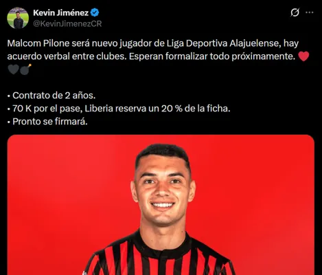 Malcom Pilone será jugador de Alajuelense. (