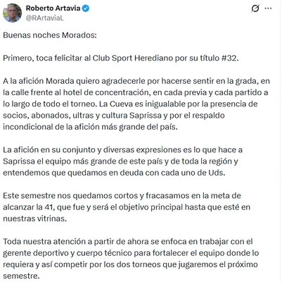 Primera parte del comunicado de Artavia en su cuenta de X.
