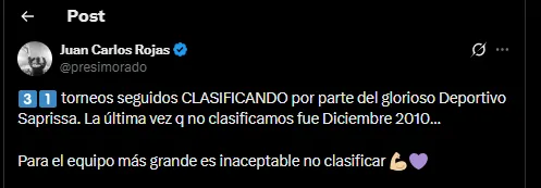 Juan Carlos Rojas en su cuenta oficial de X