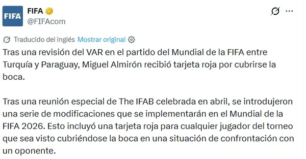 El mensaje de FIFA tras la expulsión.