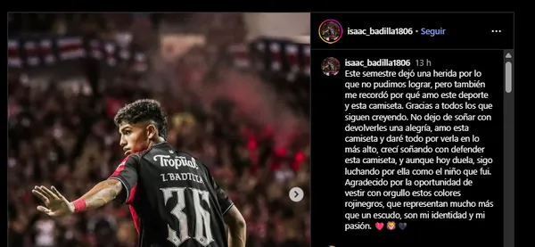 Isaac Badilla en sus redes sociales - Alajuelense 