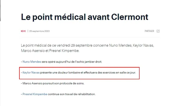 El parte médico que publicó el PSG.
