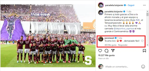 El comentario de Javon East en el posteo de Luis Paradela. (