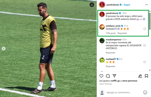 La publicación de Yendrick Ruiz a la que reaccionó el Cubo Torres. (Instagram)