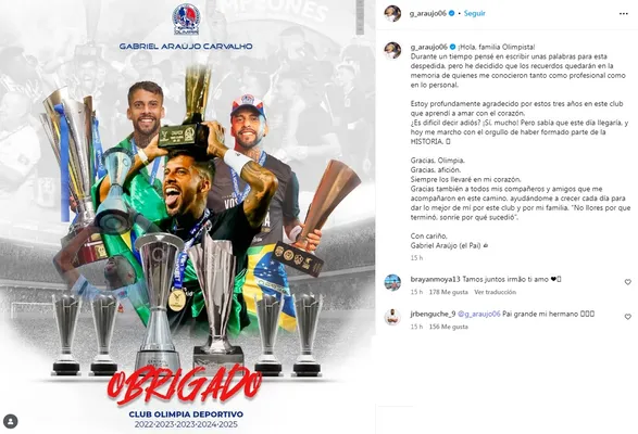 Este fue el mensaje que dejó Gabriel Araújo en su despedida de Olimpia.