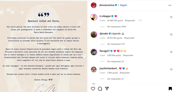 El mensaje de Mbappé al posteo de Donnarumma.