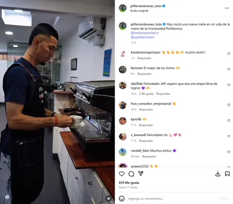  Brenes empezó a estudiar para ser un barista profesional. (Instagram)