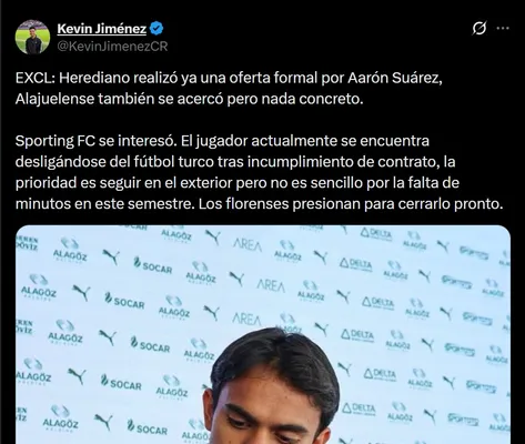 Kevin Jiménez confirmó la oferta formal de Herediano por Aarón Suárez. (