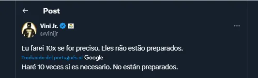 Vinicius en su cuenta oficial de X