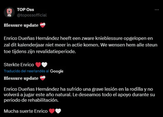 La publicación del TOP Oss sobre la lesión de Enrico Dueñas. (