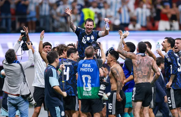 ATLANTA, GEORGIA - JULY 15: Lionel Messi #10 of Argentina celebrates with teammates after the 2-1 win during the FIFA World Cup 2026 Semi Final match between England and Argentina at Atlanta Stadium on July 15, 2026 in Atlanta, Georgia. (Photo by Elsa/Getty Images)