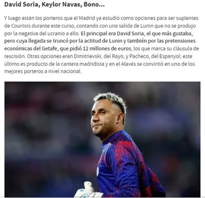 Marca presenta a Keylor Navas como candidato a llegar al Real Madrid.