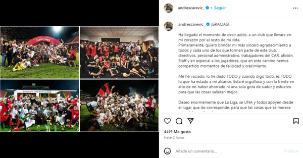 La despedida de And´res Carevic en sus redes sociales. (