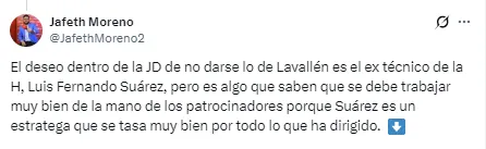 Jafeth Moreno, periodista hondureño, adelantó que Luis Fernando Suárez es opción para Marathón