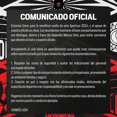 El comunicado de Alajuelense por temor a problemas en las tribunas.