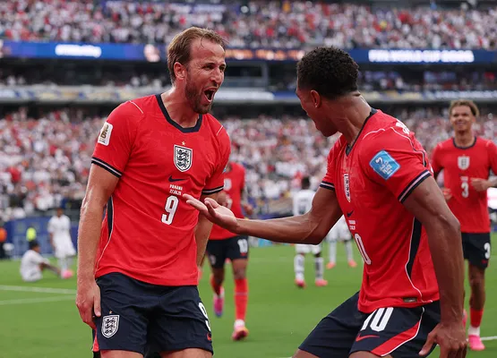 EAST RUTHERFORD, NEW JERSEY - JUNE 27: Harry Kane #9 of England celebrates with Jude Bellingham #10 after scoring the team's second goal during the FIFA World Cup 2026 Group L match between Panama and England at New York New Jersey Stadium on June 27, 2026 in East Rutherford, New Jersey. (Photo by Mattia Ozbot/Getty Images)