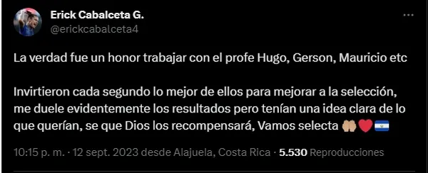 El mensaje que publicó Erick Cabalceta en sus redes sociales.
