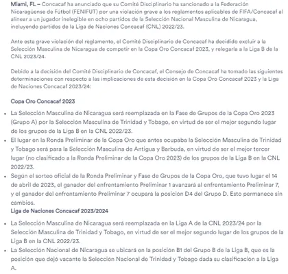 La decisión del Comité Disciplinario de Concacaf contra Nicaragua.