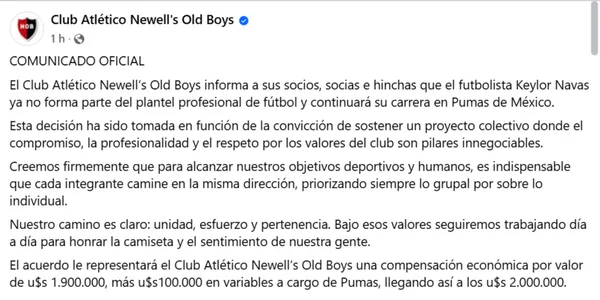 El comunicado que publicaron desde Newell's.