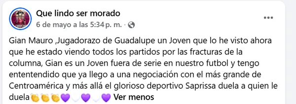 La inminente llegada de Gian Mauro Morera despierta la ilusión de los aficionados morados (Facebook).